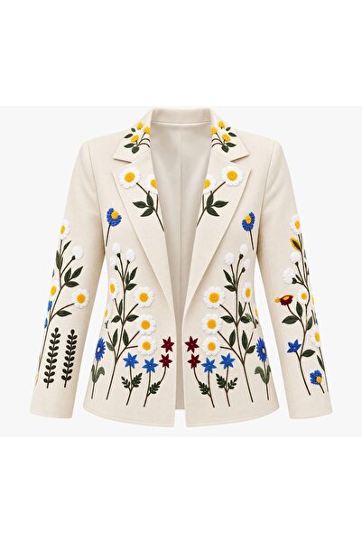 Burcia Linen Embroidered Design Blazer Jacket