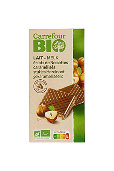 Carrefour Bio Ciocolată cu lapte cu alune caramelizate Carrefour Bio, 100 g