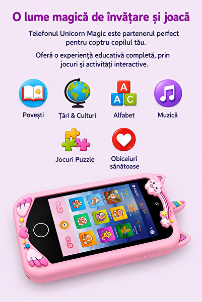 FAMIFY Smartphone pentru copii Roz Unicorn cu cameră duală, ecran IPS de 2.8 inch, jocuri educative