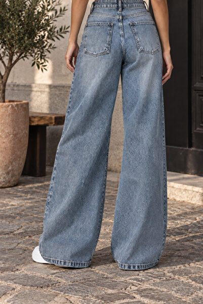 Denvy Denim Kadın Orta Mavi Yıkamalı Yüksek Bel Wide Leg Jean Pantolon