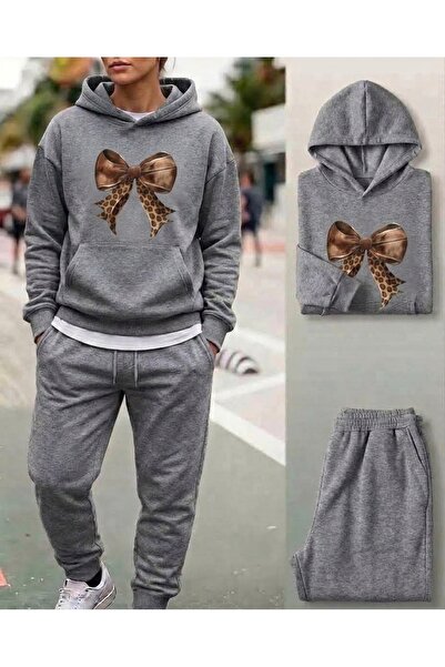 WOODROFFE Women's Leather Look Bow Printed Hooded/Crew Neck Sweatpants Set Ov...