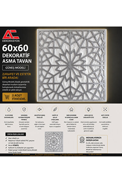 AC DEKOR Dekoratif Asma Tavan Paneli Güneş 60x60 Led Uyumlu (5 adet)