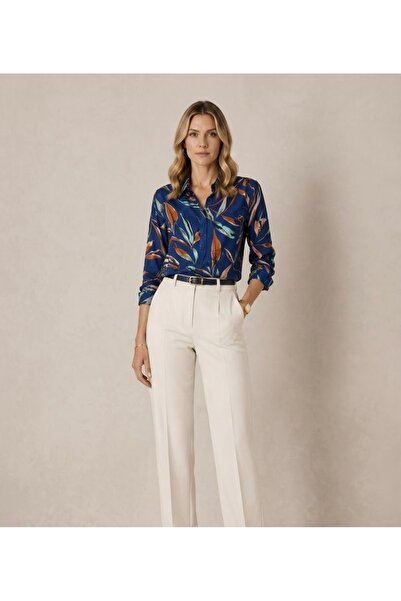 SheLoria Women's Navy Blue Viscose Patterned Long Sleeve Buttoned Colored Shirt