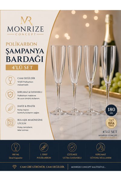 Monrize Concept 4'lü 180 ML Premium Polikarbon Şampanya Kadehi Seti | Kırılmaz Kristal Görünümlü Şeffaf Kadeh | Lüks Sunum
