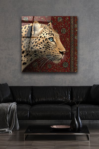 ACRES Leopar ve Kırmızı Halı Temalı Lüks Cam Tablo