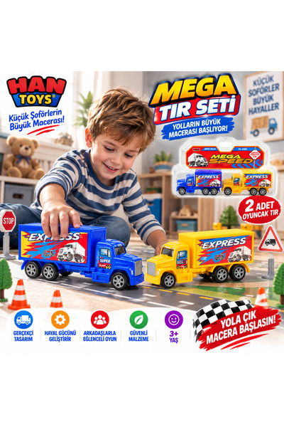 Han toys Mega Tır 2’li Express Oyuncak Kamyon Seti Yolların Büyük Macerası Ba...