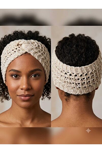 masalsı örgü Kadın Krem Elişi Örgü Parıltılı Saç Bandı,Kulak Isıtıcı Bandana