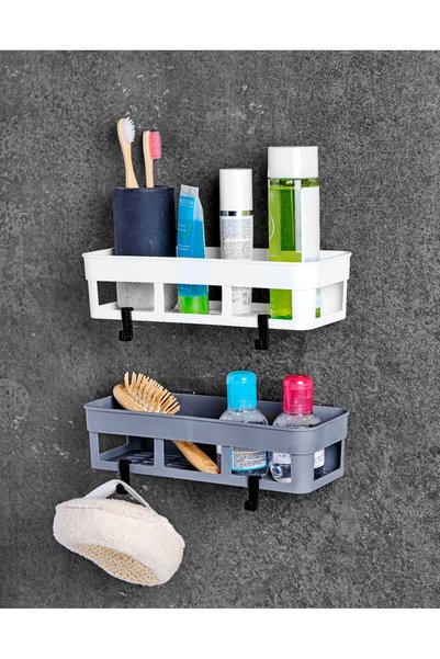 NestAura 2 Adet Yapışkanlı Plastik Raf, Delme Vida Gerektirmeyen Banyo Duş Şa...