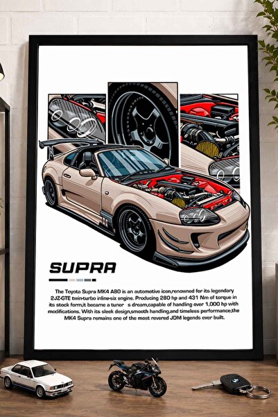 dudekohome Krem/Bej Toyota Supra MK4 A80 2JZ-GTE / JDM İllüstrasyon Siyah Çer...