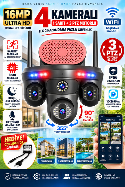 Visenox 16MP 4 Kameralı WiFi Güvenlik Kamerası 3 PTZ İnsan Takip Renkli Gece ...