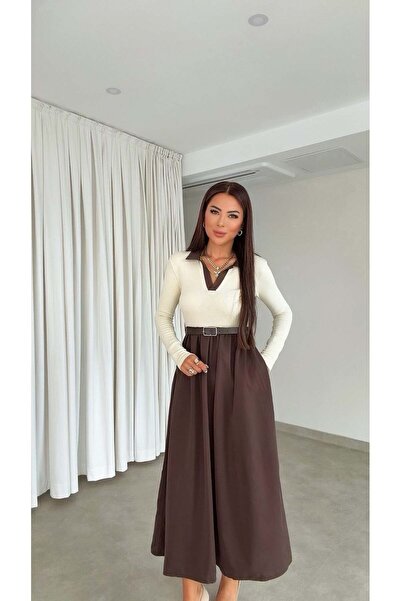 DİDEM GÜLTAKTI Sominx Polo Collar Belted Long Sleeve Brown Women's Dress