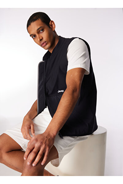 JEEP Navy Blue Men's Mandarin Collar Water Repellent Vest J4SM-YLK7219