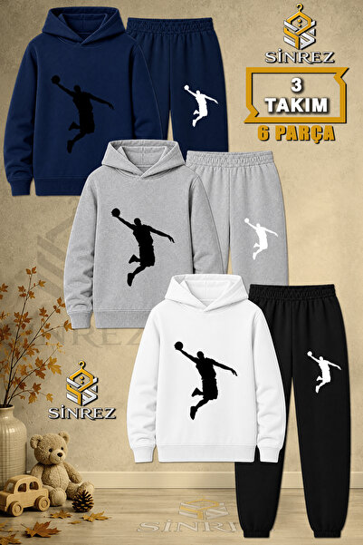 SİNREZ Çocuk Unisex 3LU Basketci Smac Siyah Baskılı Kapşonlu Eşofman Takımı