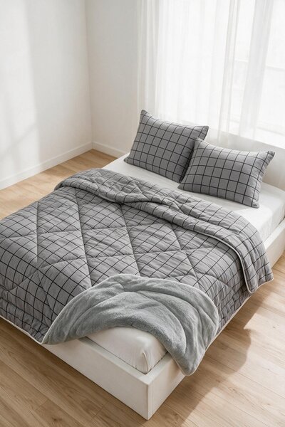 Binna Soft Karmina Ultura Çift Taraflı Wellsoft Çift Kişilik Yorgan + 2 Yastık Kılıfı Uyku Seti Füme Kare