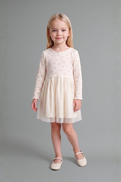 DeFacto Rochie din bumbac brodat cu maneca lunga, ecru, pentru fetita I3585A5...