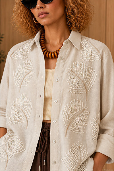 studio fashion 1988 Oversize Cotton Linen Shirt with Natural Embroidery Detail