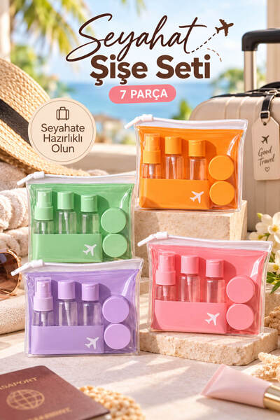 House Bird 7 Parça Seyahat Şişe Seti Şeffaf Çantalı Kozmetik Krem ve Sıvı Dol...