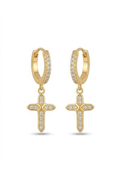 Peach Jewelry Σκουλαρίκια Σταυροί Ασημένια 925 Επιχρυσωμένα με Ζιργκόν