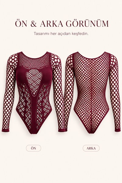 Generic Brand Women’s Burgundy Openwork Cut-Out Cold Shoulder Long Sleeve Bodysuit One Size