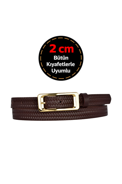 GoDeri 100% Genuine Leather, 2 cm Dark Brown Knitted Patterned Women's Belt w...