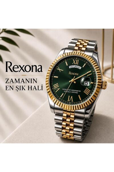Rexona Men's Wristwatch - Green Dial Steel Band 42 mm with Calendar Display