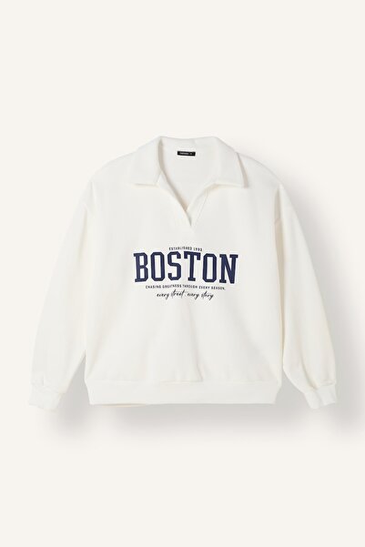 DeFacto Relax Fit Açık Polo Yaka Baskılı Sweatshirt I3317AX26WN