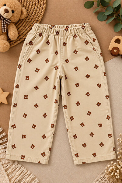 KuzeyKids Çocuk Ayıcık Desenli Bej Pantolon – Lastikli Bel Rahat Kesim Unisex...