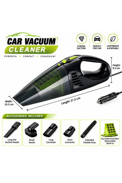 GLOBIVA Car Vacuum Cleaner 12V, Powerful Suction Portable Wet & Dry Vacuum with Dual Filter, Flexible Hose & Multiple Nozzles for Car Interior