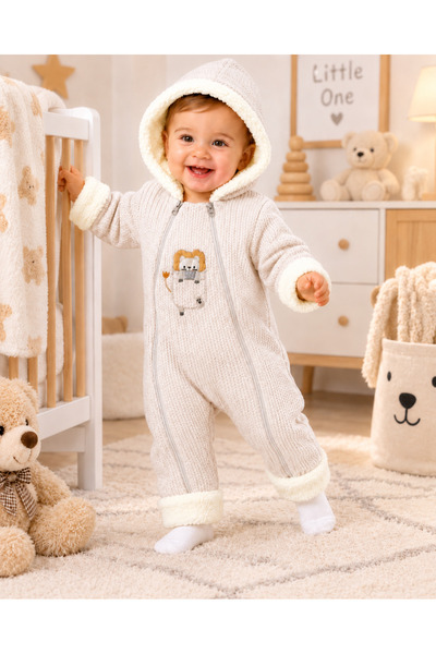 Chicsy Baby Tatlı Aslan Nakışlı Erkek Bebek Kışlık Tulum İçi Peluşlu Çift Fer...