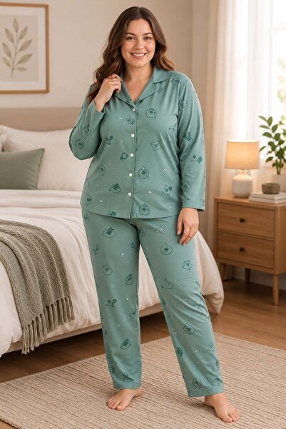 Starinci Mayo Plus Size Suede Women's Pajama Set Mint Green Patterned