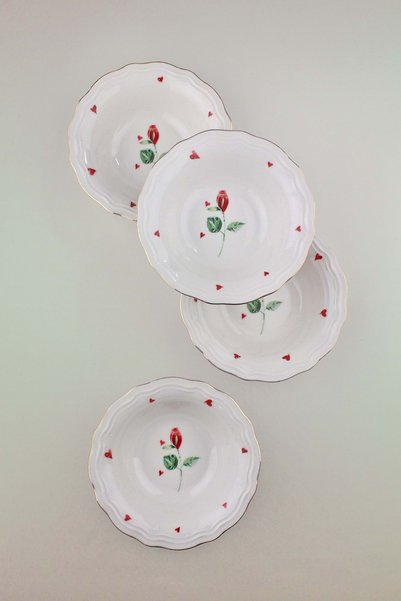 Bursa Porselen Dekor Red Rose Antique Gold Gilded 4 Piece Porcelain Bowl