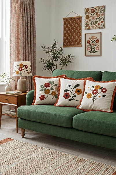 e-Bizz Store Punch Nakış Desenli Fırfırlı & Saçaklı Modern 3’lü Kırlent Seti ...