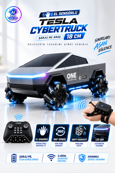 YILDIRIM OYUNCAK El Sensörlü Uzaktan Kumandalı Şarjlı Tesla Cybertruck Araba ...