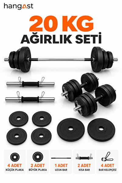 HANGAST 20 KG Ağırlık Seti Dambıl Halter Seti DÜZ Bar Uzun Bar Kısa Bar Plaka...