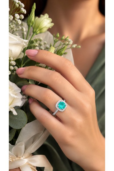 Silveranka 925 Ayar Gümüş Doğal Paraiba Taşlı Pırlanta Montür Yüzük