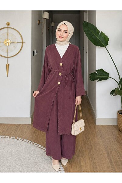 pembiş tesettür Ceren Pantolonlu İkili Takım muhteşem kimono takım tensel kum...
