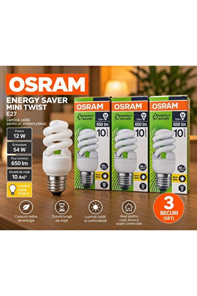 Osram Σετ 3 οικονομικά λαμπάκια εξοικονόμησης ενέργειας Mini Twist – E27, 12W...