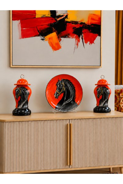 daiza home Salon Seti Tabaklı - Dekoratif Obje Tabak At Desenli Şah Küp At De...