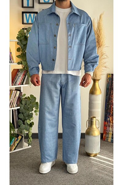 YUWEAR Mavi Crop Kesim Denim Takım (Crop Denim Ceket-Baggy Denim Pantolon)