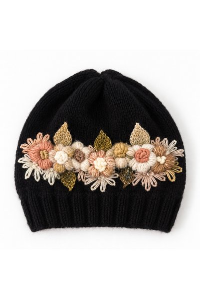 edirneörgü Women's Hand-Knitted Floral Embroidered Beanie – Alize Angora Gold – Double Layer Knit