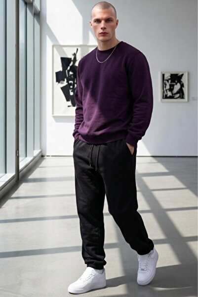 NO 601 Men's Purple Crew Neck Black Cuffed Elastic Sweatpants Set