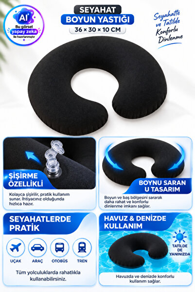 YILDIRIM OYUNCAK Şişme Seyahat Boyun Yastığı 36x30x10 cm – U Tipi Boyun Destekli Uçak Araba Otobüs Tren Havuz Deniz Yastığı