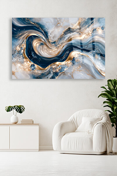 TAULART TABLIE DE STICLA MARMURĂ AURIE ALBASTRĂ DECOR DE PERETE ABSTRACT CADO...