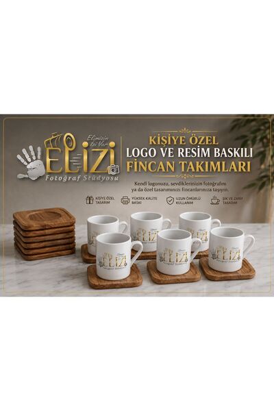 Ahşap Tabaklı Seramik Kahve Fincanı 6'Lı Takım