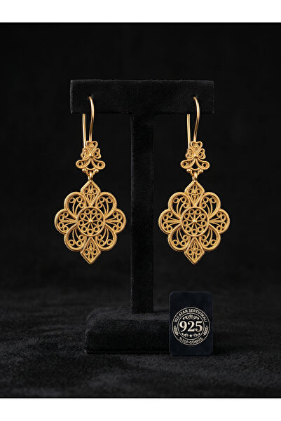 Roza Silver 925 Ayar Gümüş Geleneksel Telkari Gold Dantel İşlemeli Sallantılı...