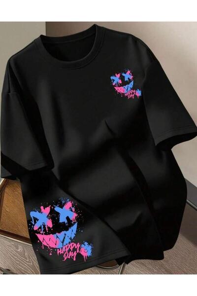 LELVANİ Unisex Neon Happy Day Eyes Exclamation Mark Visually Printed Crewneck...