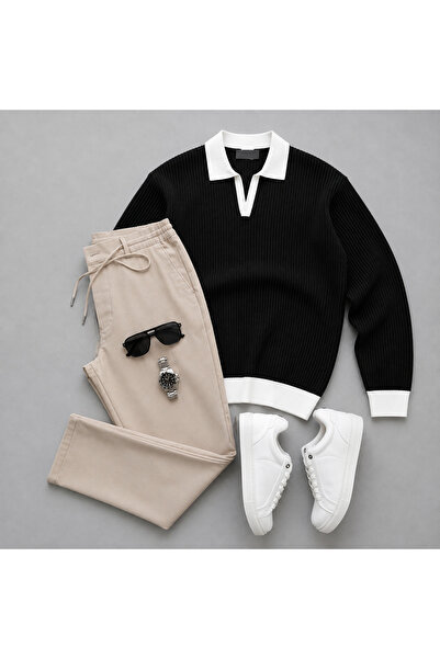 tiggir moda Polo Collar Knitwear Sweatshirt and Jogger Pants 2-Piece Combination