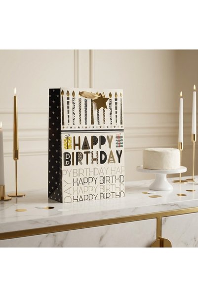 Ornament24 Punga cadou zi de nastere Happy Birthday, crem cu stele si lumanar...