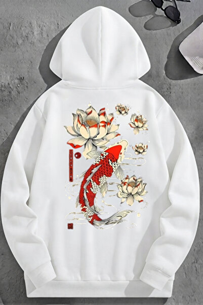 K KOZZ STYLE Unisex 3 Thread Cotton White Koreafish Print Loose Fit Sweatshir...