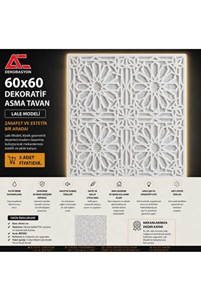 AC DEKOR Dekoratif Asma Tavan Paneli Lale 60x60 Led Uyumlu (5 adet)